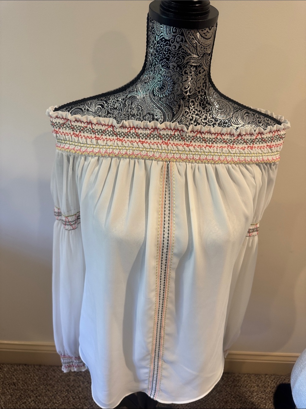 White House Black Market Ivory Off-Shoulder Blouse with Pastel Embroidery